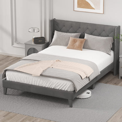 DOGIBIXO King Size Upholstered Bed Frame with LED Lights and Wingback Tufted Headboard in Grey - WoodArtSupply