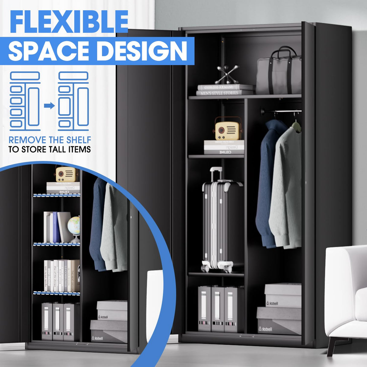 DNA MOTORING Metal Storage Cabinet, 72" Storage Wardrobe with Lock and Hanging Rod, Locking Cabinet Heavy Duty Utility Cabinet with 4 Shelves for Garage,Office,Home,Gym, Black, TOOLS-00633-BK-BK DNA MOTORING