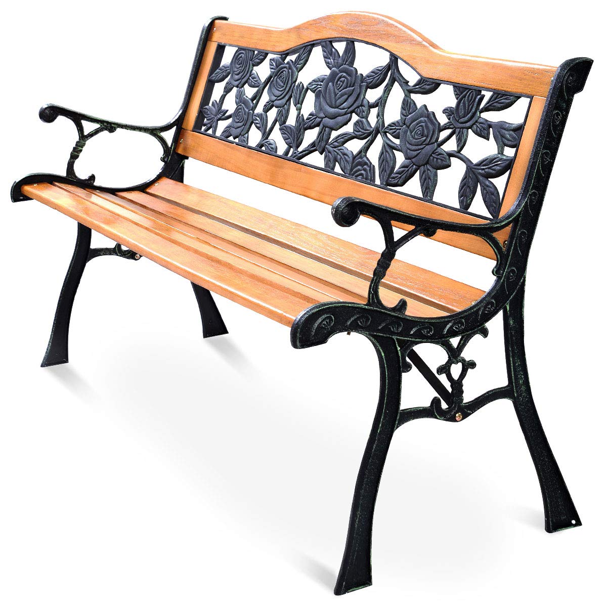 S AFSTAR Outdoor Garden Bench, Patio Bench with Large Rose Cast Backrest & Comfort Wood Seat, 470 LBS Load Capacity, Weather Proof, Durable, Easy to Assemble S AFSTAR