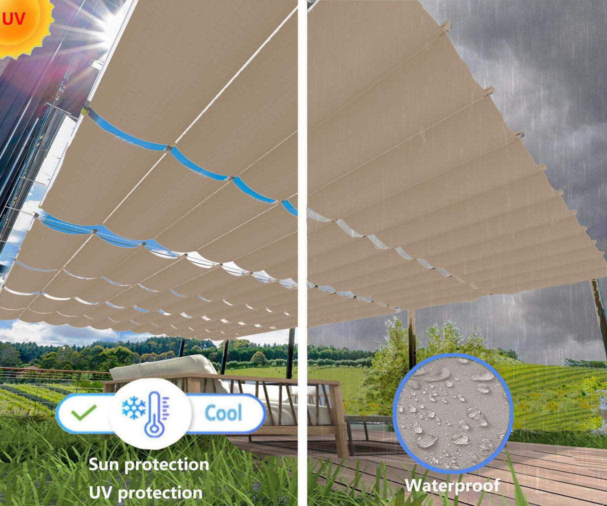 Retractable Sun Shade Sail 4' x 10' Waterproof Wave Pergola Shade Cover Polyester Sunscreen Awning Canopy Wind Protection for Outdoor Patio Yard Terrace Carport Khaki Woace