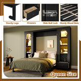 HSUFLWS Queen Size Murphy Bed with Shelves & Cabinets, Foldable Wall Bed with LED Lights, Drawers & Desk, Modern Space Saving Wooden Bed Frame, 500 lbs Capacity (Black) HSUFLWS