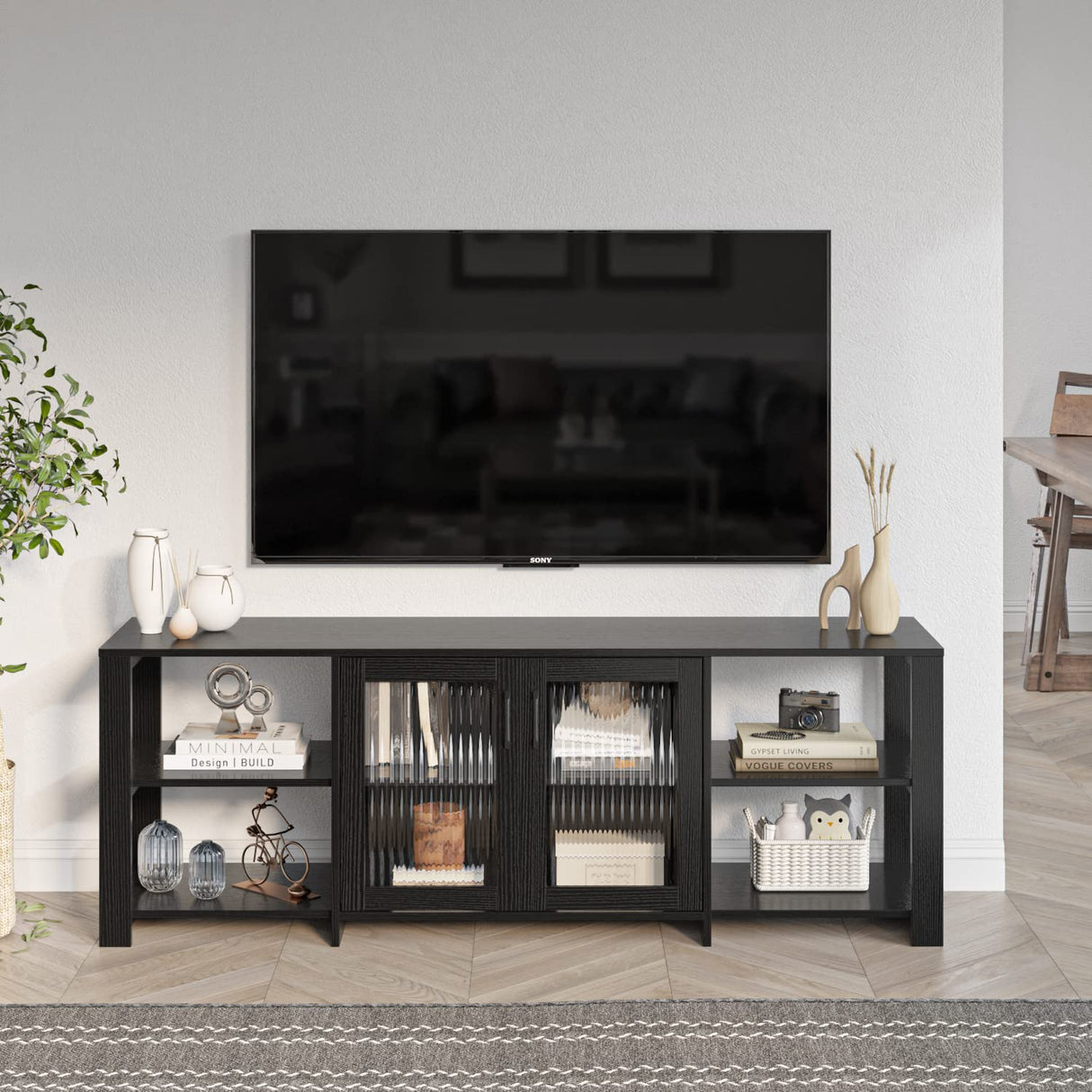 Panana TV Stand for 70 inch TV, Entertainment Center TV Console Table TV Storage Cabinets Media Console with 2 Doors and Open Shelves, 4 Cubby for Living Room Bedroom, Black Panana
