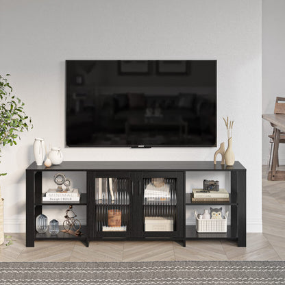 Panana TV Stand for 70 inch TV, Entertainment Center TV Console Table TV Storage Cabinets Media Console with 2 Doors and Open Shelves, 4 Cubby for Living Room Bedroom, Black