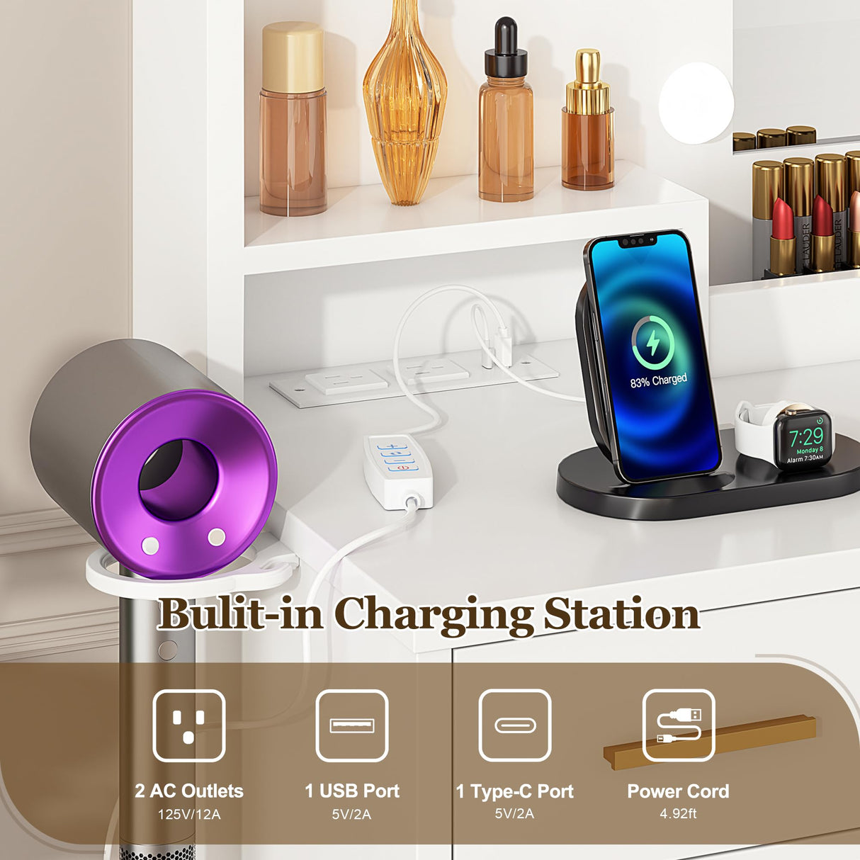 Vanity Desk with Mirror and 11 LED Lights, 43'' Makeup Vanity Table with Power Outlet & Chair, Dressing Table with 3 Drawers, 2 Cabinets and 6 Open Shelfs for Bedroom, White Decofy