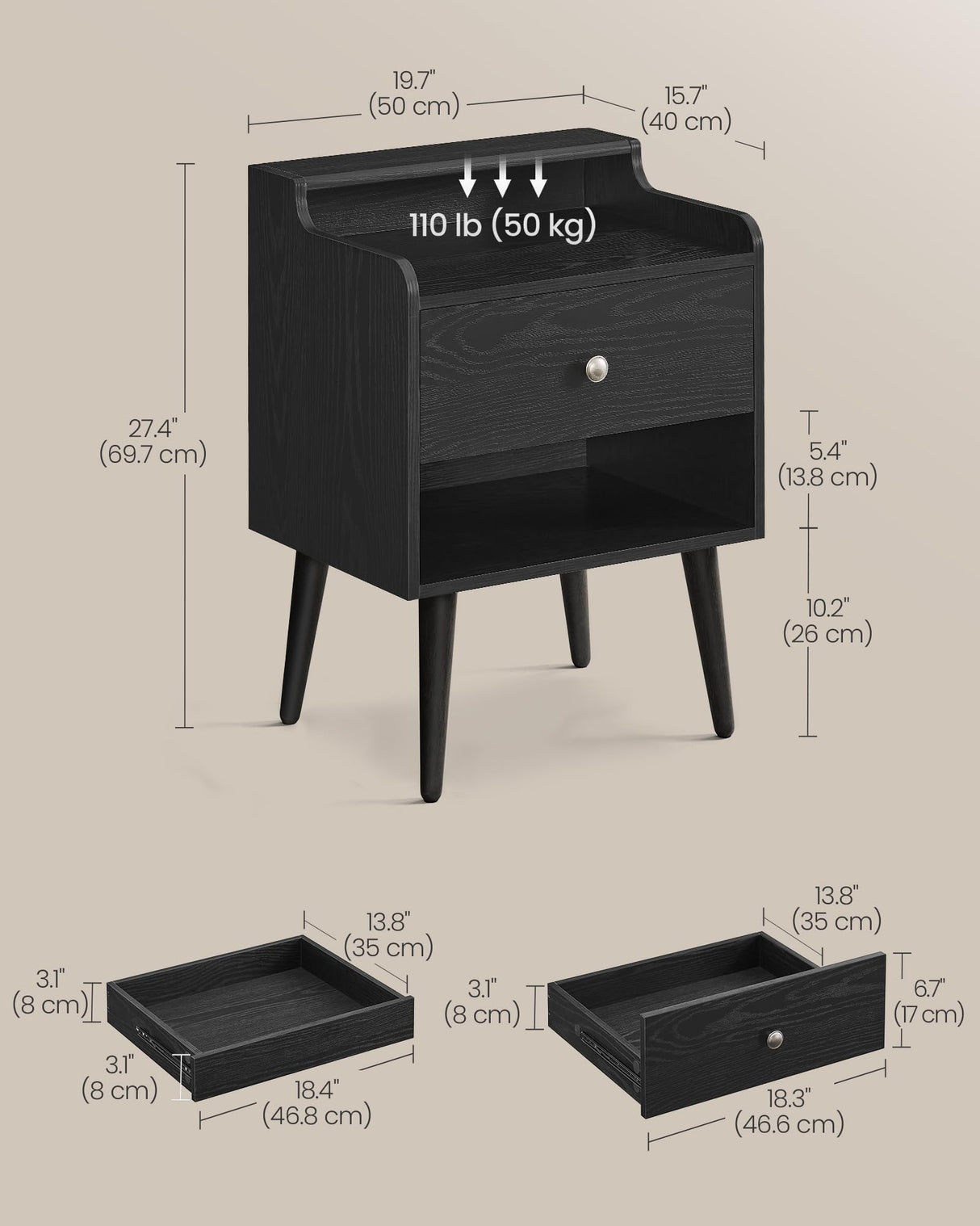 VASAGLE Nightstands, Set of 2, Bedside Tables with Hidden Drawers, Mid-Century End Tables, Ebony Black VASAGLE