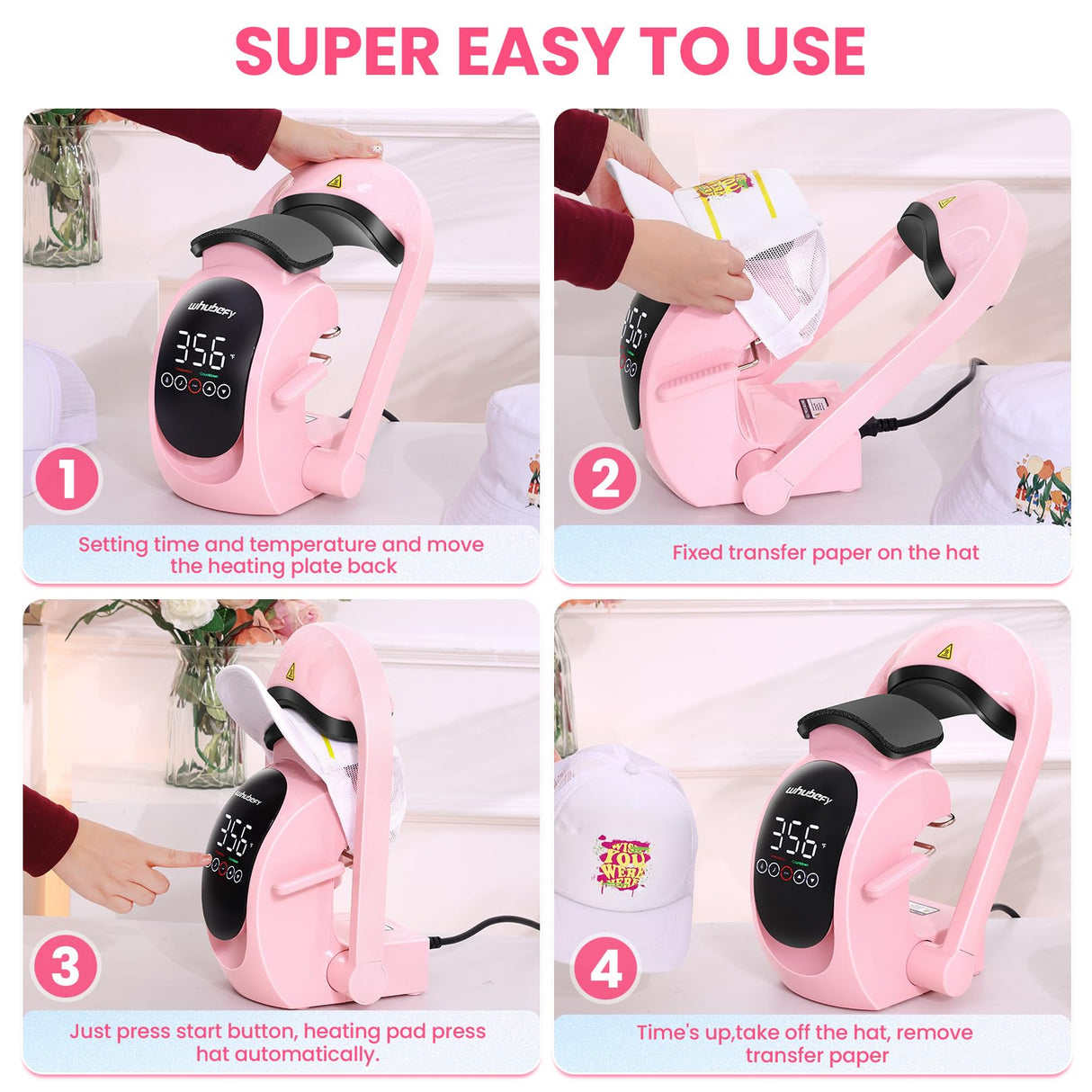 Whubefy Auto Hat Press Heat Machine for Caps, Hat Heat Transfer 3-in-1 Cap Heat Press with 3 Pcs Plates (70/80/90mm), Pink Touchscreen Hat Press Machine with 5 DTF, 1 Hat, for All Hat Shapes Whubefy