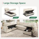 HONBAY Sleeper Sectional Sofa with Pull Out Bed, U Shaped Sectional Sleeper Couch with Storage Chaise, Convertible Sectional Sleeper Sofa Bed, Beige HONBAY