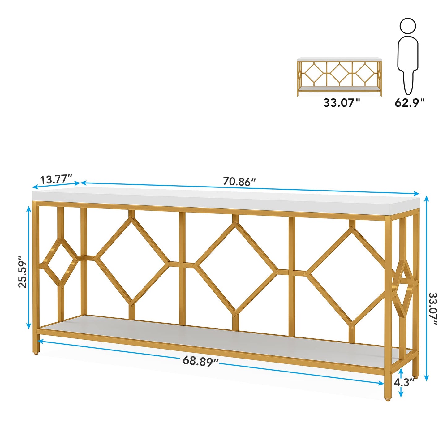 Extra-Long White and Gold Sofa Table with Open Storage Shelf by Tribesigns