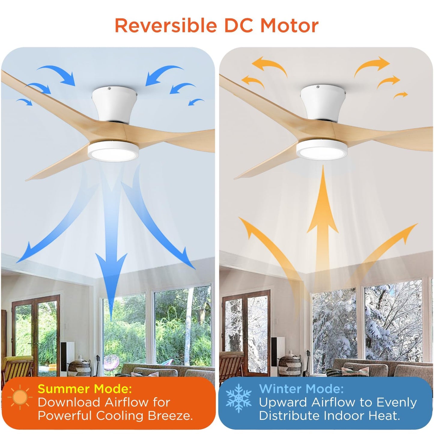 TALOYA 52 inch Ceiling Fans with Lights and Remote, Flush Mount Low Profile Ceiling Fan with Reversible DC Motor for Bedroom Living Room Kitchen Light Oak Finish - WoodArtSupply