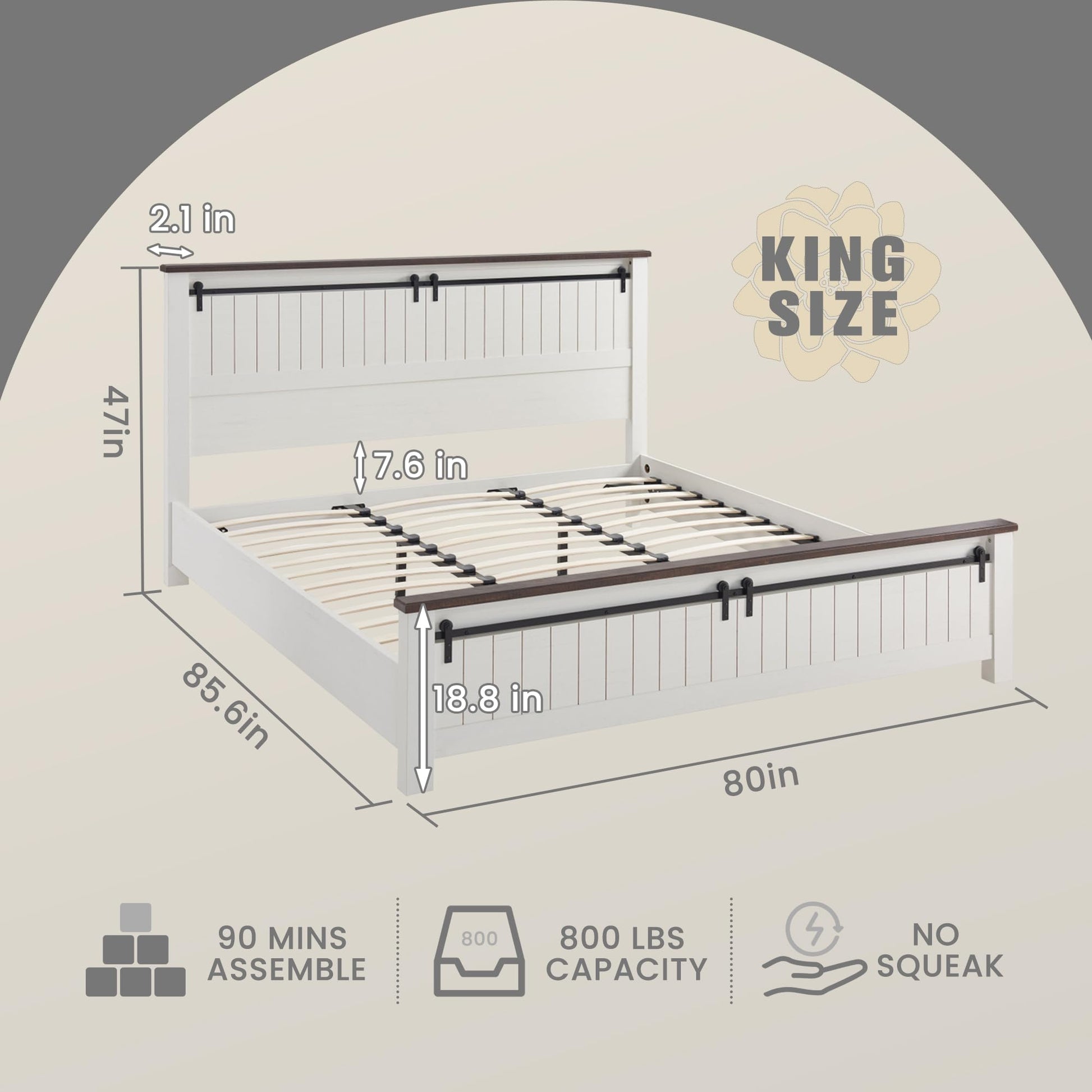 Farmhouse King Size Bed Frame with Sliding Barn Door Footboard and 47" Headboard in White - WoodArtSupply