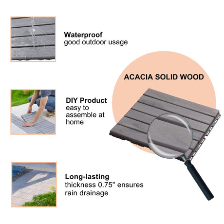 Dolonm Interlocking Solid Wood Deck Tiles, Golden Teak Wood for Flooring Tiles, for Patio Balcony Waterproof Both Indoor and Outdoor Decking Tile Gray Striped 12 x 12 x 0.7 inches Pack of 10 Dolonm
