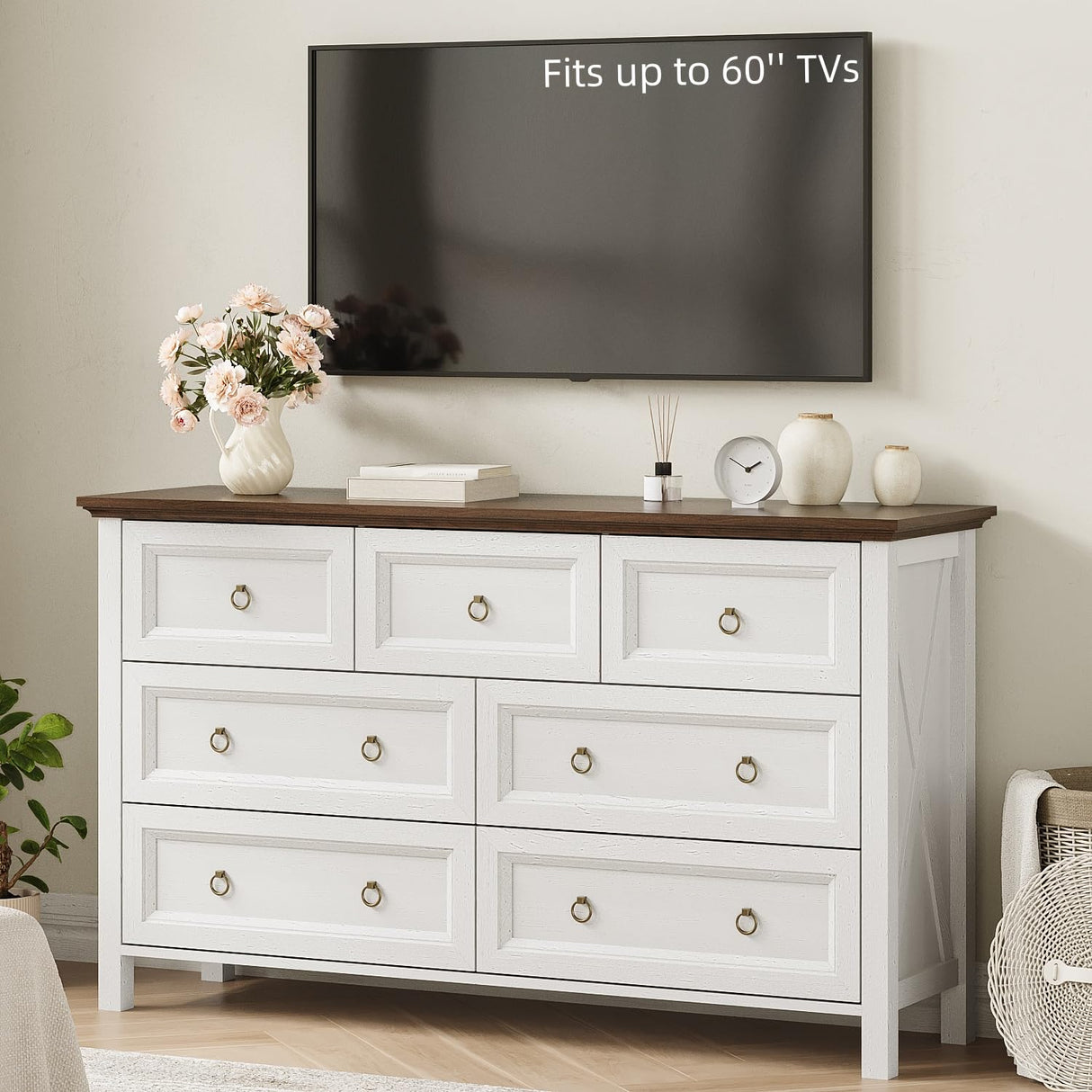 7 Drawer Dresser for Bedroom, 54" Farmhouse Dresser, Rustic Chest of Drawers, White Dresser with Barn Design, Brown Tabletop & Antique Bronze Handles, Wood Dresser for Closet, Bedroom Dressers Angel Sar