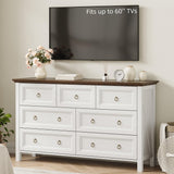 7 Drawer Dresser for Bedroom, 54" Farmhouse Dresser, Rustic Chest of Drawers, White Dresser with Barn Design, Brown Tabletop & Antique Bronze Handles, Wood Dresser for Closet, Bedroom Dressers Angel Sar