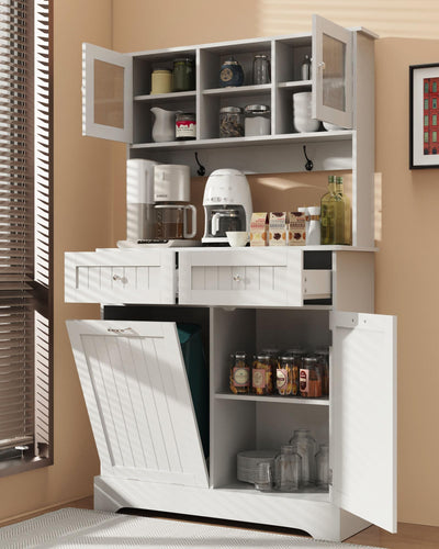 YOCONYO Tilt Out Trash Cabinet,Storage Cabinet,Two Solid Wood Hideaway Trash Holder Drawers,Wooden Freestanding Recycling Cabinets,Trash Can for Kitchen,White