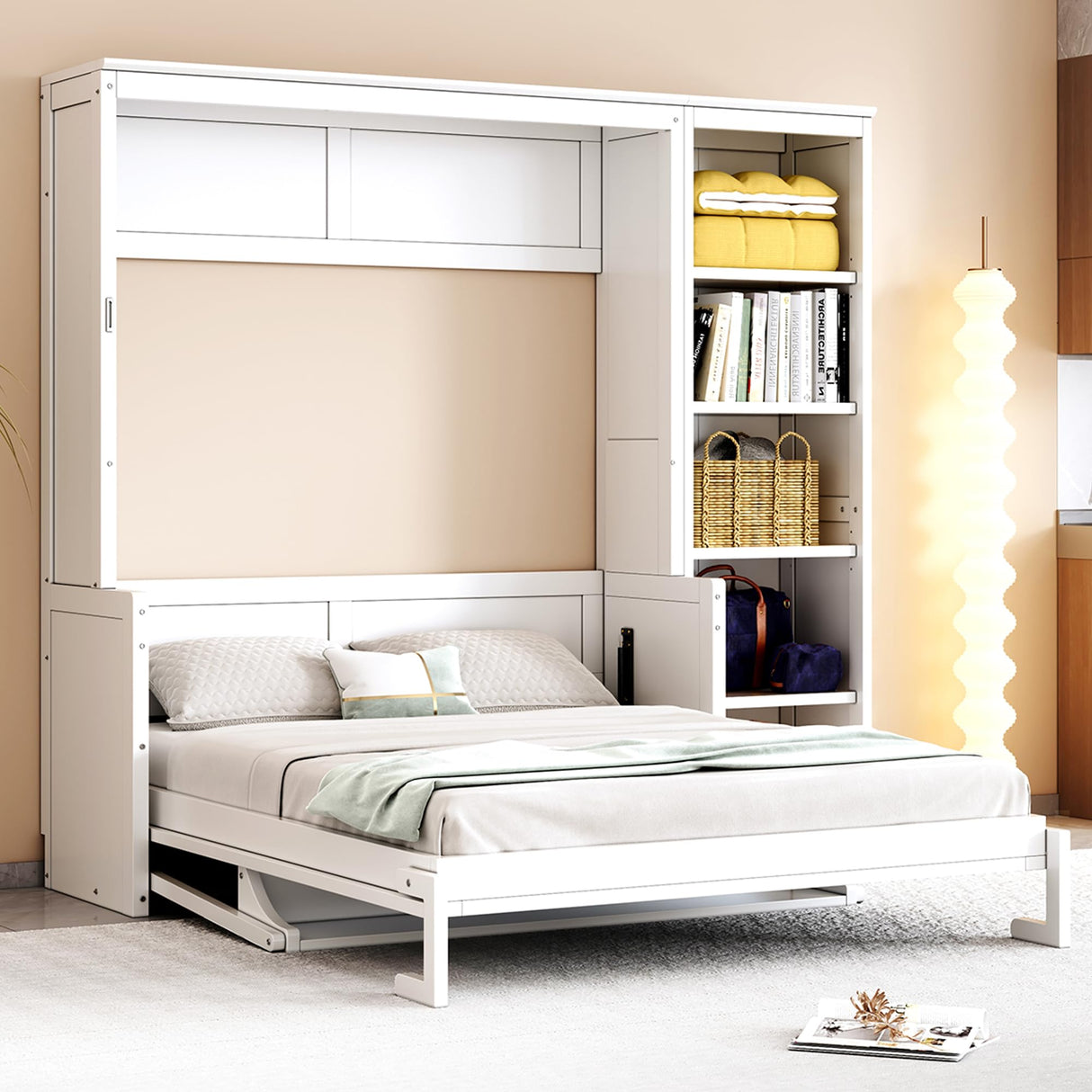 SOFTSEA Full Size Horizontal Murphy Bed with Desk & Shelves, Hideaway Wall Bed Cabinet with Gas Struts, Space-Saving Foldable Bed with Bookshelves for Guest Room Bedroom Office, White SOFTSEA