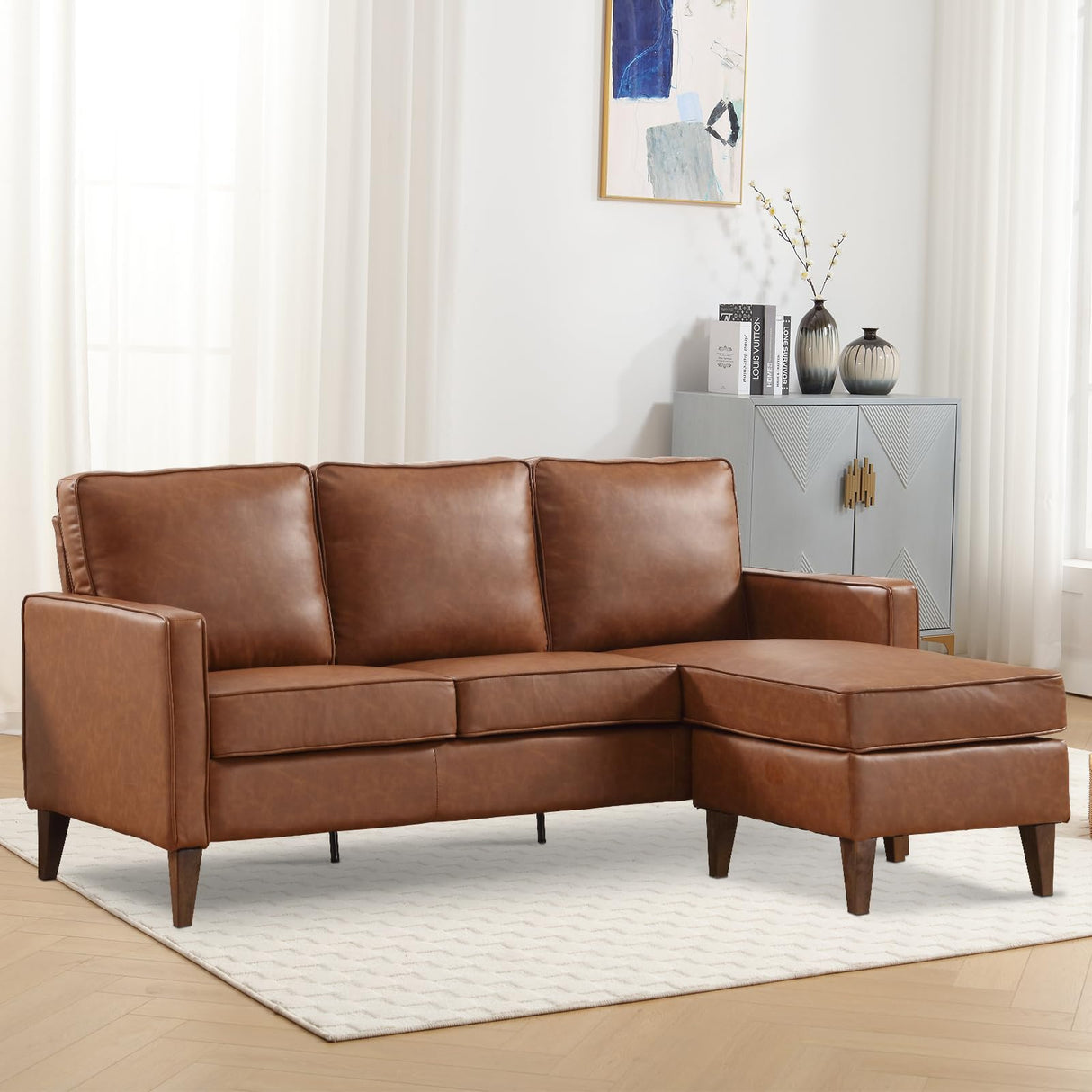 EBELLO Sectional Sofa Couch, L Shaped Couch Faux Leather Sofa with Reversible Chaise, Lounge Sofa for Living Room Apartment Small Space, Dark Brown EBELLO