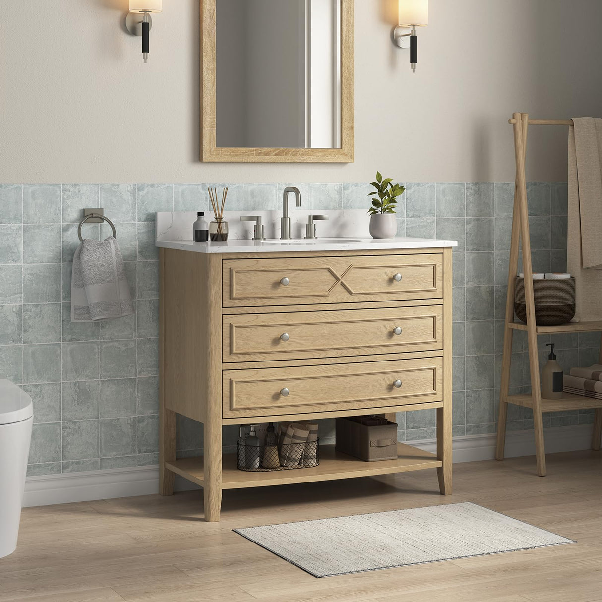 DELUXE LIVING 36 Inch Bathroom Vanity with Ceramic Sink,Fully Assembled Sink Cabinet with Countertop, Wood Frame Vanity with Soft-Closing Drawers & Adjustable Feet, Oak Wood DELUXE LIVING