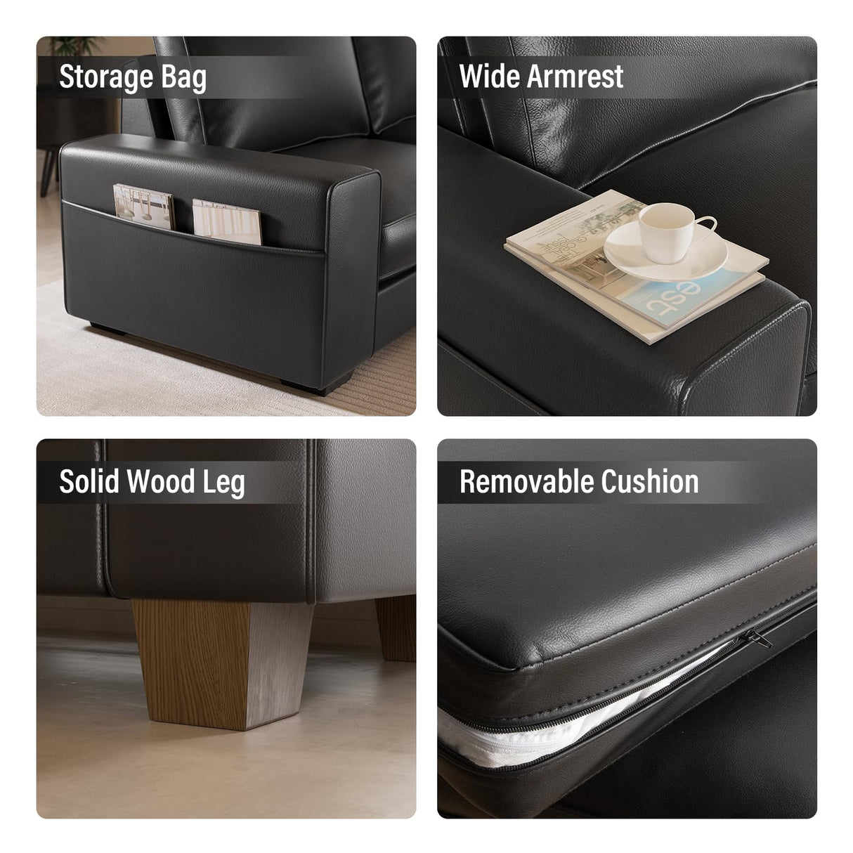 Valthie Faux Leather Couch, Mid Century Modern Comfy Loveseat Sofa with Wide Arm, Side Pockets, Solid Wooden Frame for Office, Living Room and Bedroom, 2 Seater (Black, 71.25 Inches) Valthie