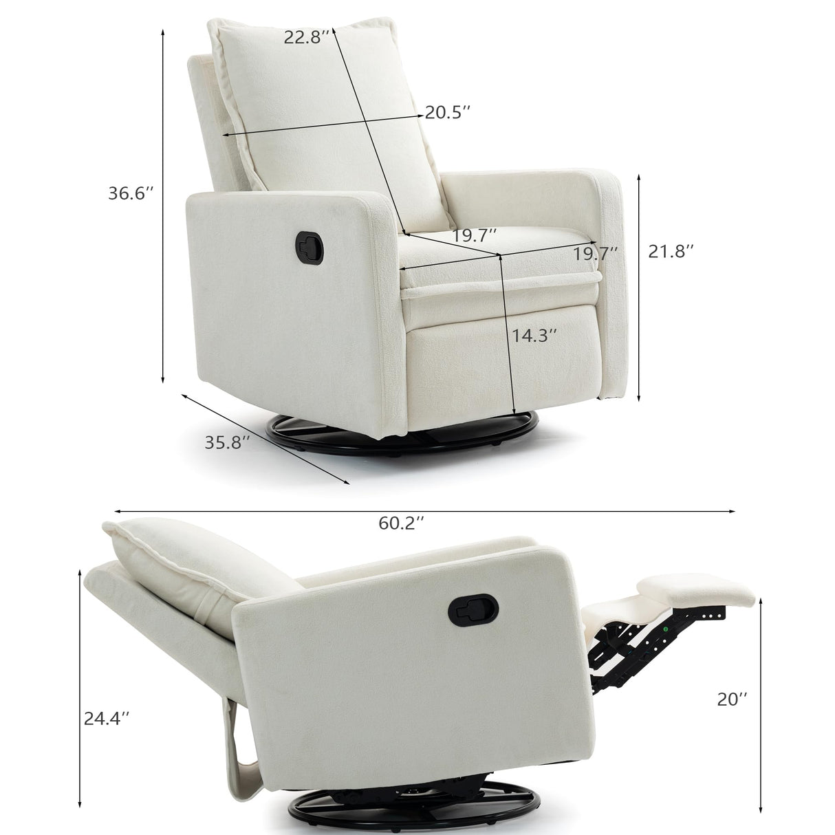 LITVZ Manual Swivel Rocking Recliner for Adults, Small Plush Wall Hugger Reclining RV Chair, 270° Glider Swivel Recliner Chair with Foot Rest for Nursery, Living Room and Small Places (White) LITVZ