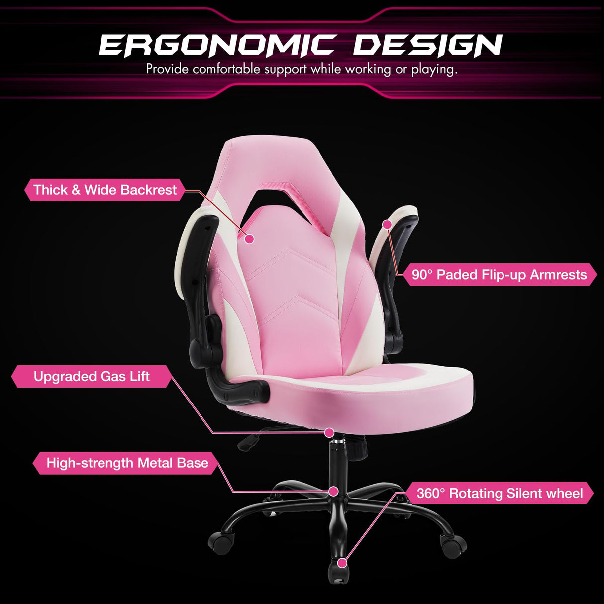 Sweetcrispy Computer Gaming Desk Chair - Pink Ergonomic Office Executive Adjustable Swivel Task PU Leather Racing Chair with Flip-up Armrest for Adults, Kids, Men, Girls, Gamer, White Pink Sweetcrispy