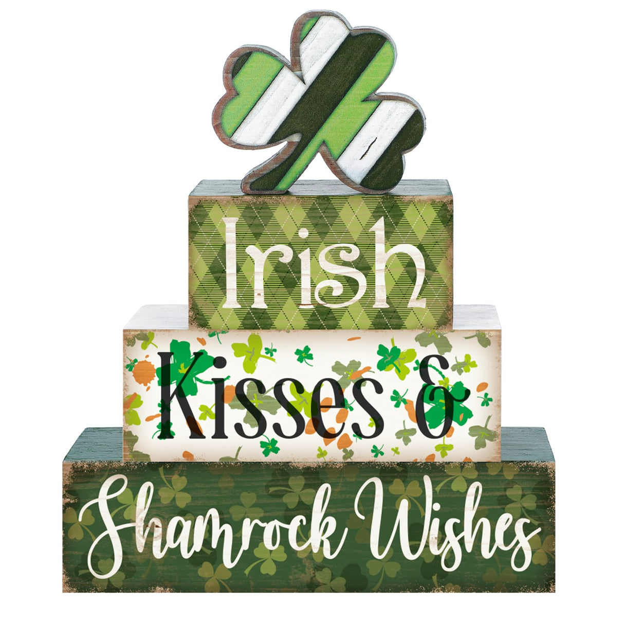 Huquary 4 Pcs Farmhouse St. Patrick's Day Table Sign Irish Table Wood Decorations Shamrock Clover Blocks Lucky Print St. Patrick's Day Tiered Tray Decor for Party Home Desk Huquary