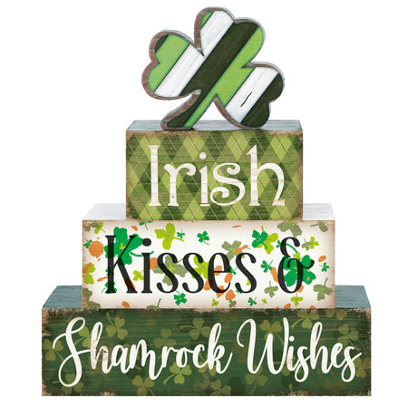 Huquary 4 Pcs Farmhouse St. Patrick's Day Table Sign Irish Table Wood Decorations Shamrock Clover Blocks Lucky Print St. Patrick's Day Tiered Tray Decor for Party Home Desk Huquary
