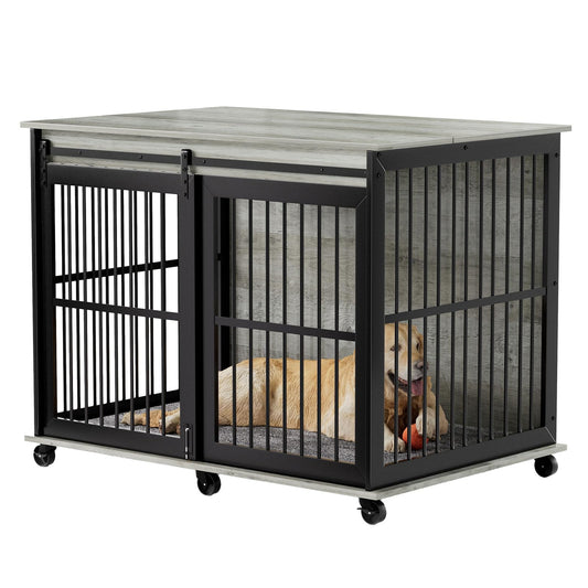 Lyromix 43.7'' XL Dog Crate Furniture with Cushion for Large Pets, Wooden Cage End Table, Heavy Duty Indoor Dog Kennel with Flip-up Top and Sliding Door, Grey - WoodArtSupply