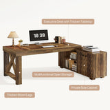 Tribesigns Farmhouse 63-Inch Executive Desk, L-Shaped Boss Desk Home Office Desks with Storage Shelves and Cabinet, Large Business Furniture Set for Home Office, Brown Tribesigns