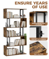 Gadroad 5-Tier Geometric Bookcase,S Shaped Bookshelf, Wood Decorative Storage Shelving, Modern Freestanding Display Shelves, Tall Book Shelf Unit for Living Room Bedroom, Rustic Brown Gadroad