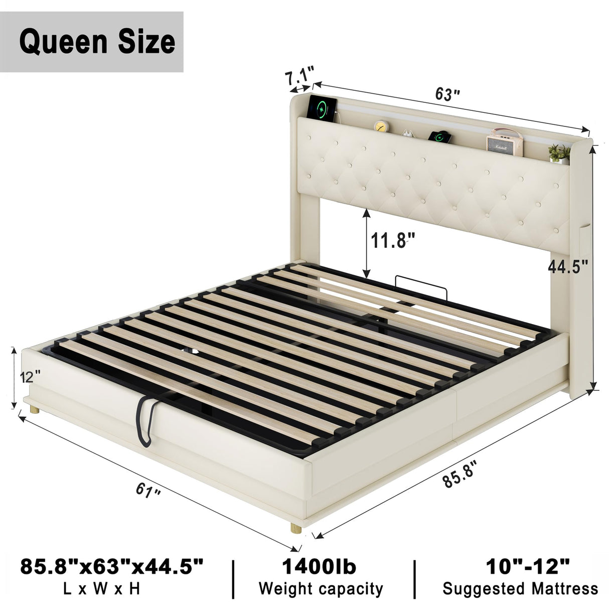Ailisite Beige Upholstered Queen Bed Frame with LED Lights, Wingback Headboard, and Storage Solution Ailisite
