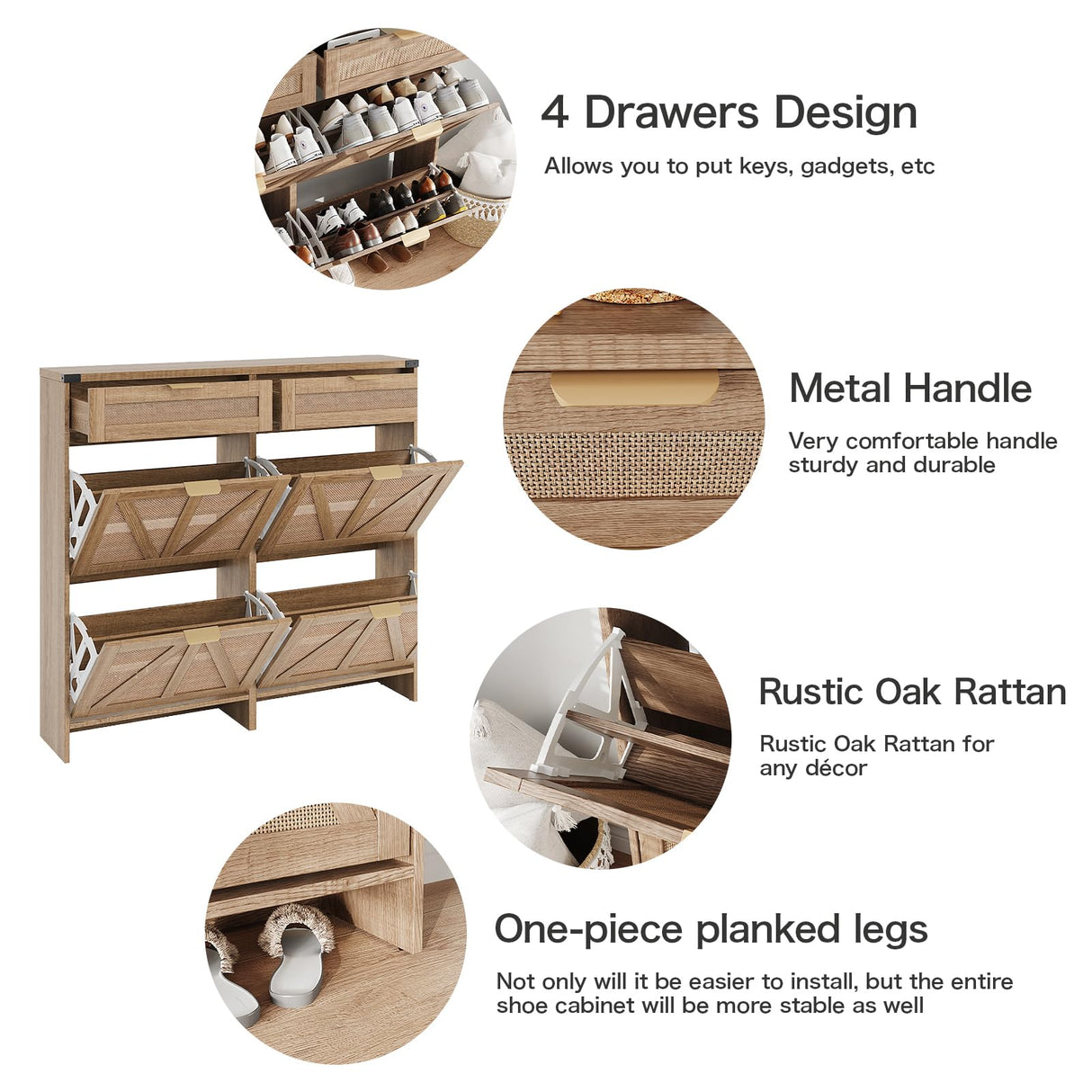 Halitaa Shoe Cabinet with 4 Flip Drawers & 2 Drawers,Farmhouse Shoe Storage Cabinet for Entryway,Slim Freestanding Organizer Rack for Front Door Entrance,Rustic Oak Rattan Halitaa