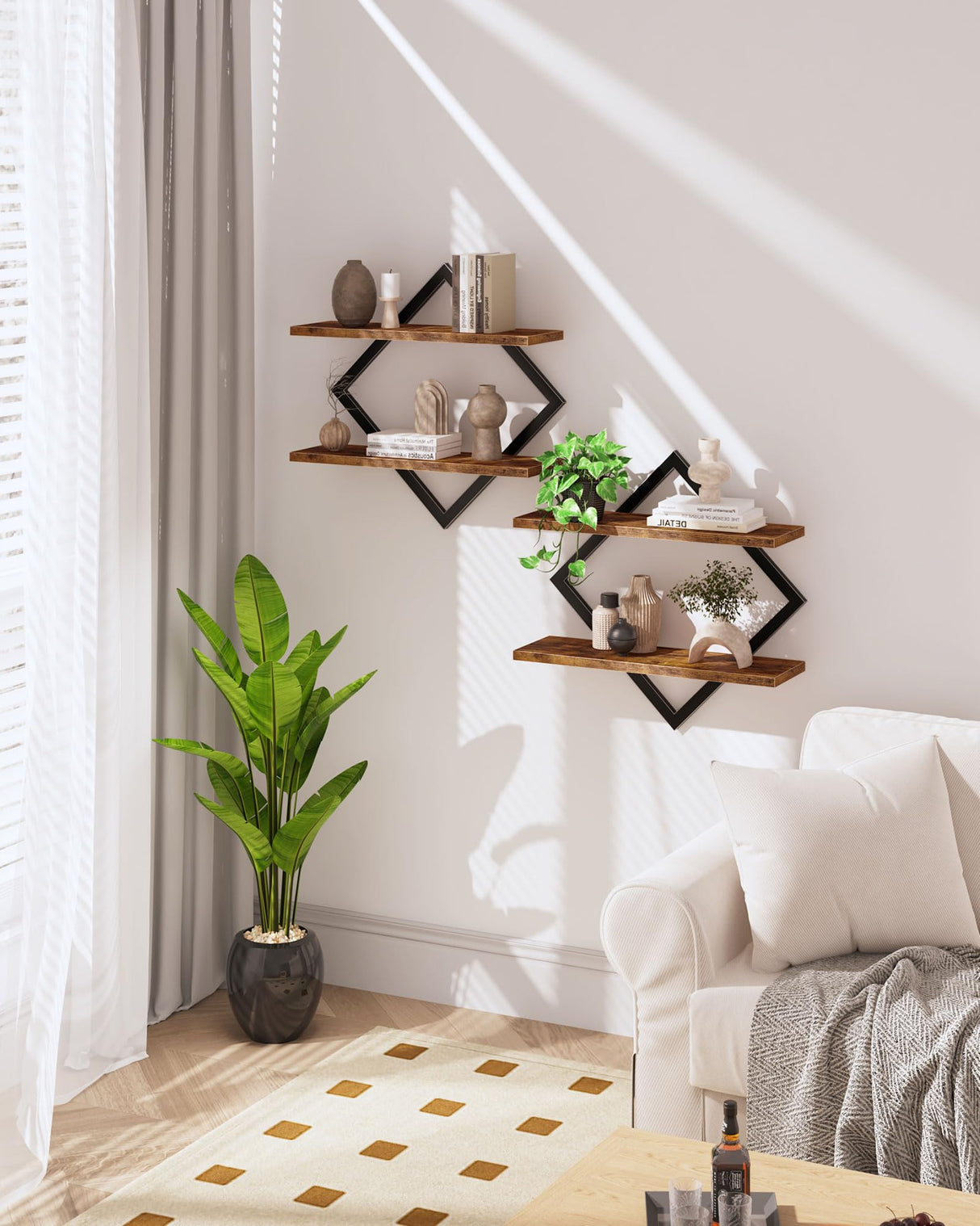 CHOEZON Floating Shelves, Set of 2 Wall Shelves, 2-Tier Hanging Shelves, Wall Shelf Set of 2, Wall Mounted Shelves, for Living Room, Bedroom, Kitchen, Office, Study, Rustic Brown TBJ01P2BF CHOEZON