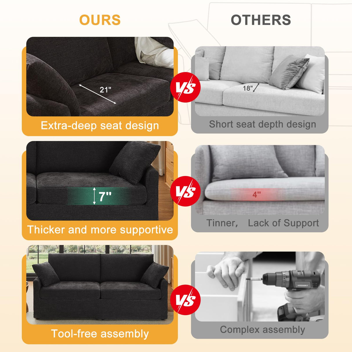 LegacyAmerhome 85" Chenille Sofa Couches for Living Room, 3 Seater Sofa with 2 Pillows, Modern Couches Tool-Free Setup, Comfy Oversized Loveseat with Medium Firm Cushions for Small Spaces, Apartment LegacyAmerhome
