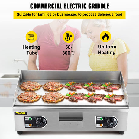 VEVOR 30" Commercial Electric Griddle 3000W Electric Countertop Griddle Non-Stick Restaurant 110V Teppanyaki Flat Top Grill Stainless Steel Adjustable Temperature Control 122°F-572°F (NO PLUG) VEVOR
