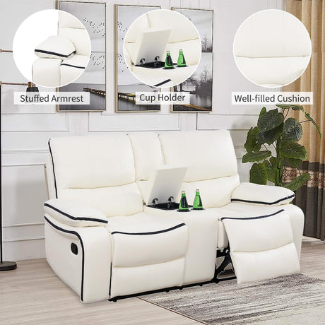 Caberryne Leather Recliner Sofa Set,Leather Living Room Furniture Set with Storage Console/Cup Holders,Reclining Sofa Set for House/Home Theater(Sofa&Loveseat 2 Pieces，White) Caberryne