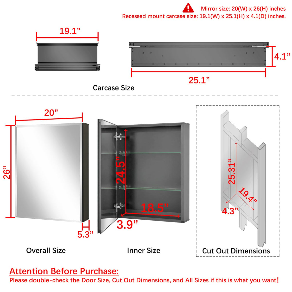 Fundin Medicine Cabinet 20 x 26 inches Mirror Size, Recessed or Surface Mount, Black Aluminum Bathroom Wall Cabinet with Mirror and Adjustable Shelves. Fundin