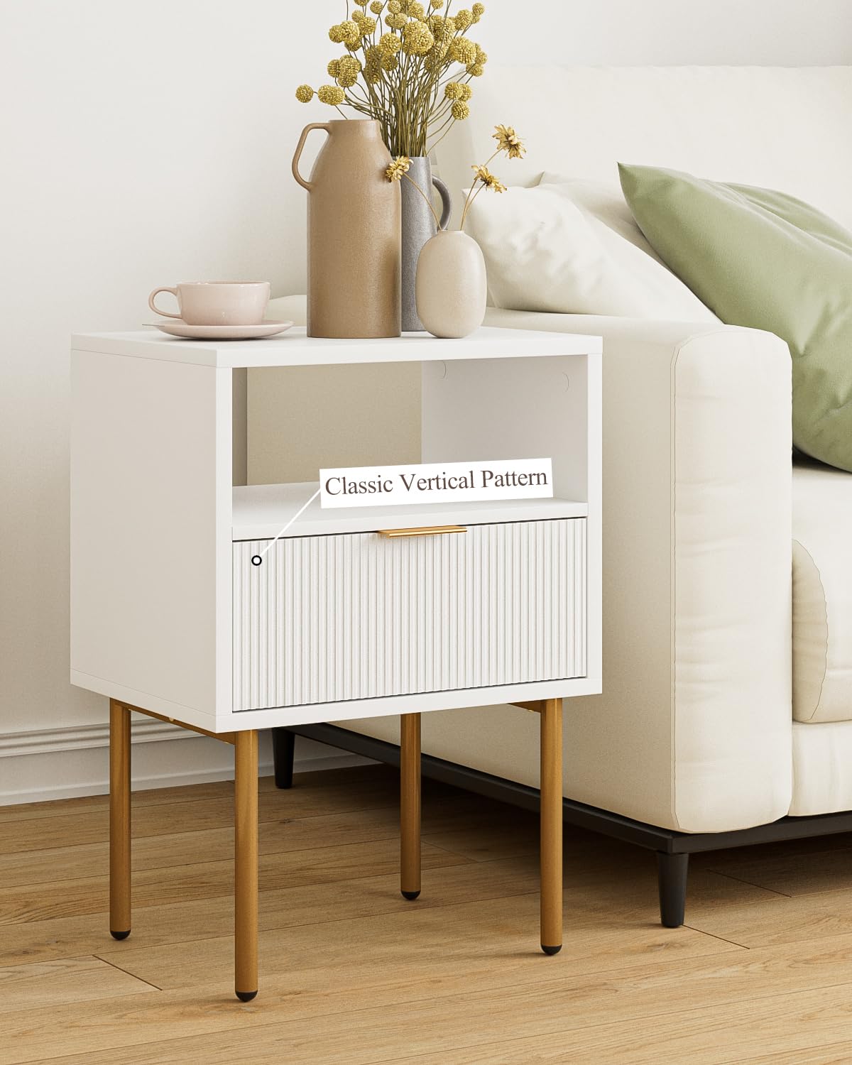 Masupu Nightstand,Mid-Century Modern Bedside Table with Storage Drawer and Open Wood Shelf,Small Gold Frame Side Table for Bedroom,Living Room,White Masupu