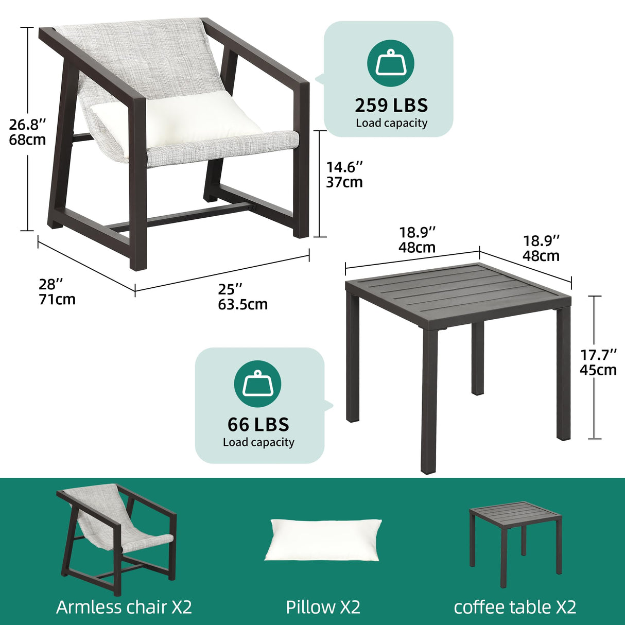 YITAHOME 3-Piece Outdoor Furniture Set, All-Weather Textile Patio Bistro Set with Pillows, Small Patio Conversation Set for Balcony Outside, Outdoor Sling Chairs and Side Table - Brown & Ivory YITAHOME