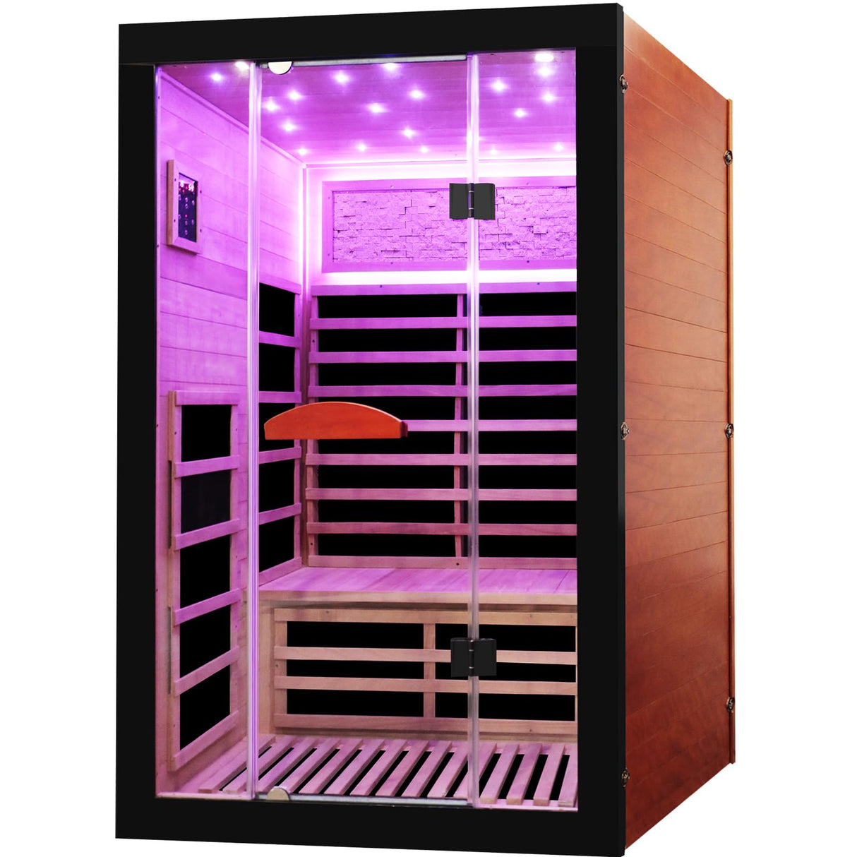 OUTEXER Infrared Sauna 2000W Wooden Saunas Home Spa Room Canadian Hemlock Wood Low-EMF Indoor Saunas with with 7 Color Starry Sky Ceiling Light for Two Person 74.8 * 47.2 * 41.3Inch OUTEXER