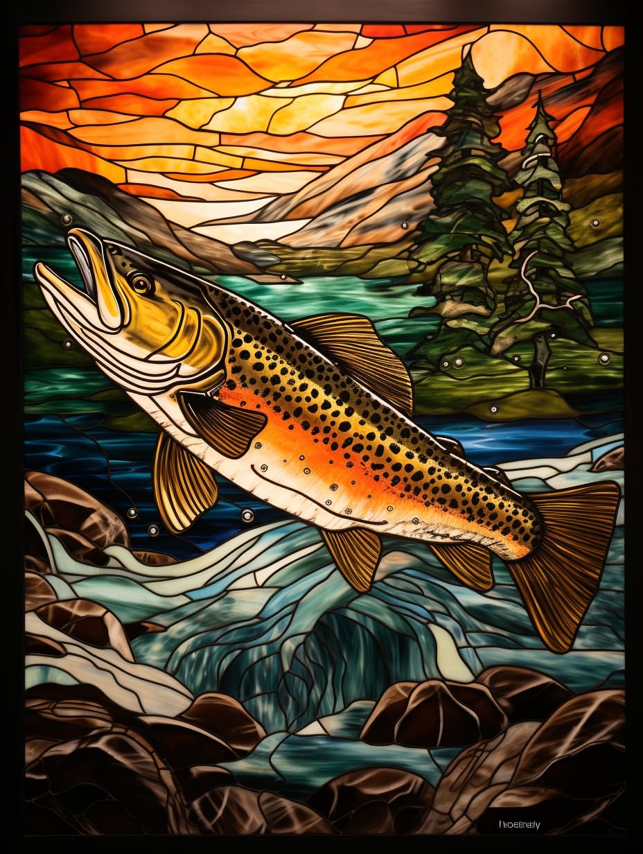 Generic Trout Fish Stained Glass Art 5D Diamond Art Painting for Adults Full Drill Round Diamond Paint by Number Kits for Beginners Gems Cross Stitch for Wall Decor 11.8x15.8inch(3) Generic