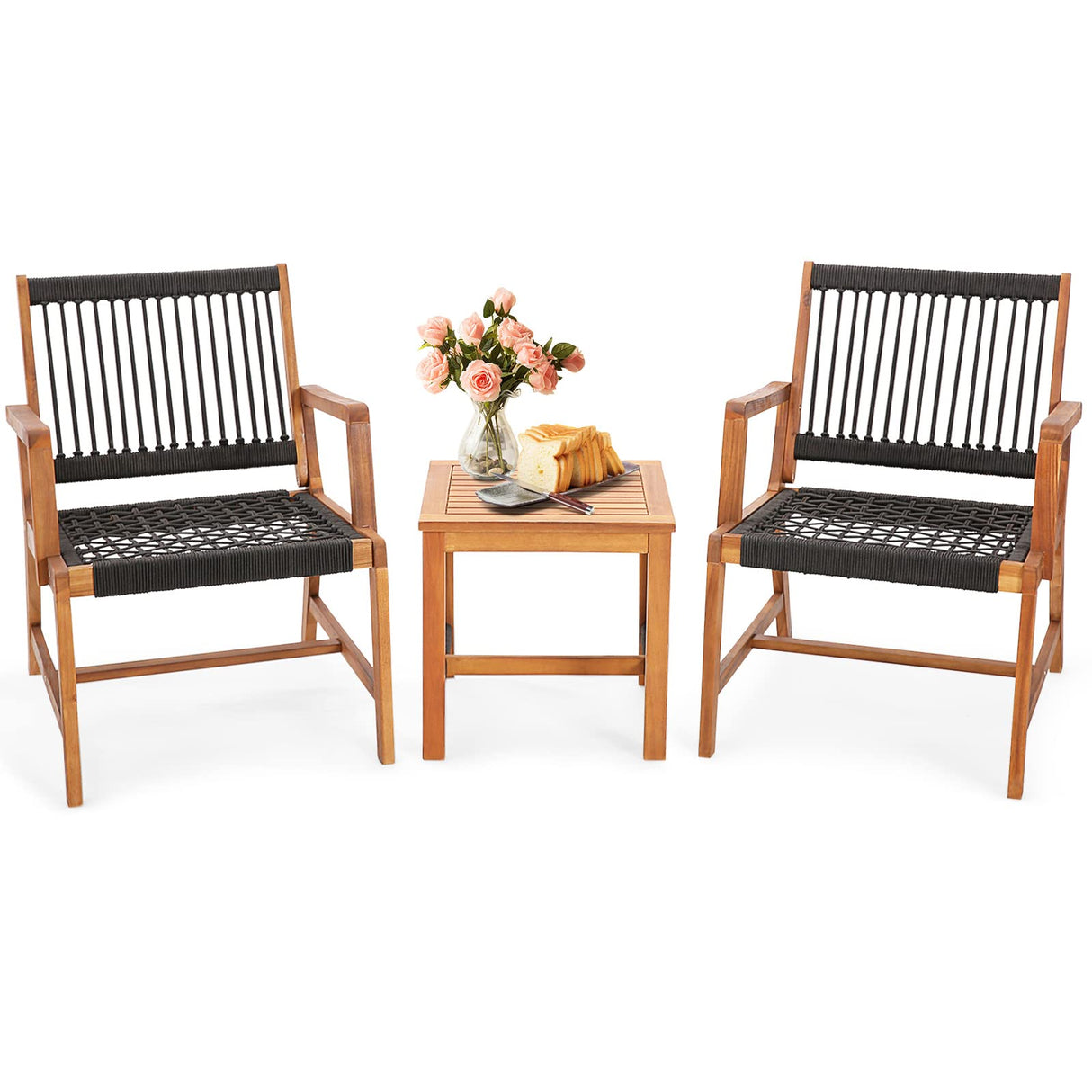 Tangkula 3 Pieces Acacia Wood Outdoor Furniture Set, All-Weather Rope Woven Bistro Set with Armchairs and Coffee Table, Patio Conversation Set for Front Porch, Deck, Balcony Tangkula