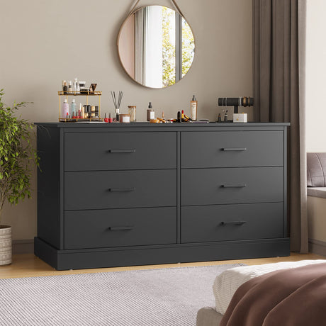 Hasuit 6 Drawer Double Dresser, Wood Storage Tower Clothes Organizer, Wide Chest of 6 Drawers, Large Storage Cabinet, Black Dresser for Bedroom, Hasuit