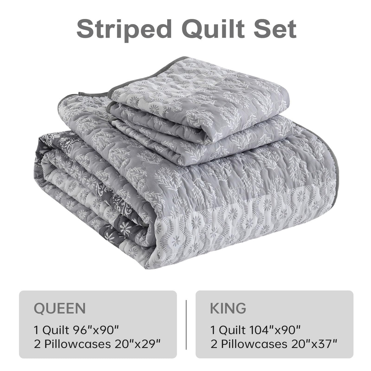 Cottolester Boho Quilt Set King Size Gray Farmhouse Quilt Bedding Set Striped Lightweight Summer Bedspread Coverlet Bedding Set 104"x90" (3 Pieces) Cottolester