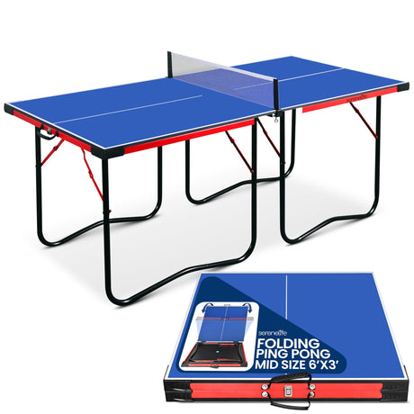 SereneLife Midsize Foldable Ping Pong Table Set with Net, Clipper, Post - 6' x 3' Portable Space-Saving Design, Blue SereneLife