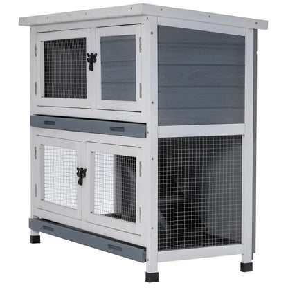 2 Story Solid Wood Rabbit/Bunny Hutch with 2 Large Main Rooms, Indoor Outdoor Rabbit House Guinea Pig Cage Pet House for Small Animals with Ventilation Door Removable Tray Waterproof Roof (Grey)