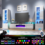 AMERLIFE Entertainment Center with Fireplace and Bookcases, Includes 80" 2-Tier Fireplace TV Stand with 40" Fireplace, 2 x High Gloss Bookshelves with LED Lights & Glass Doors, White AMERLIFE