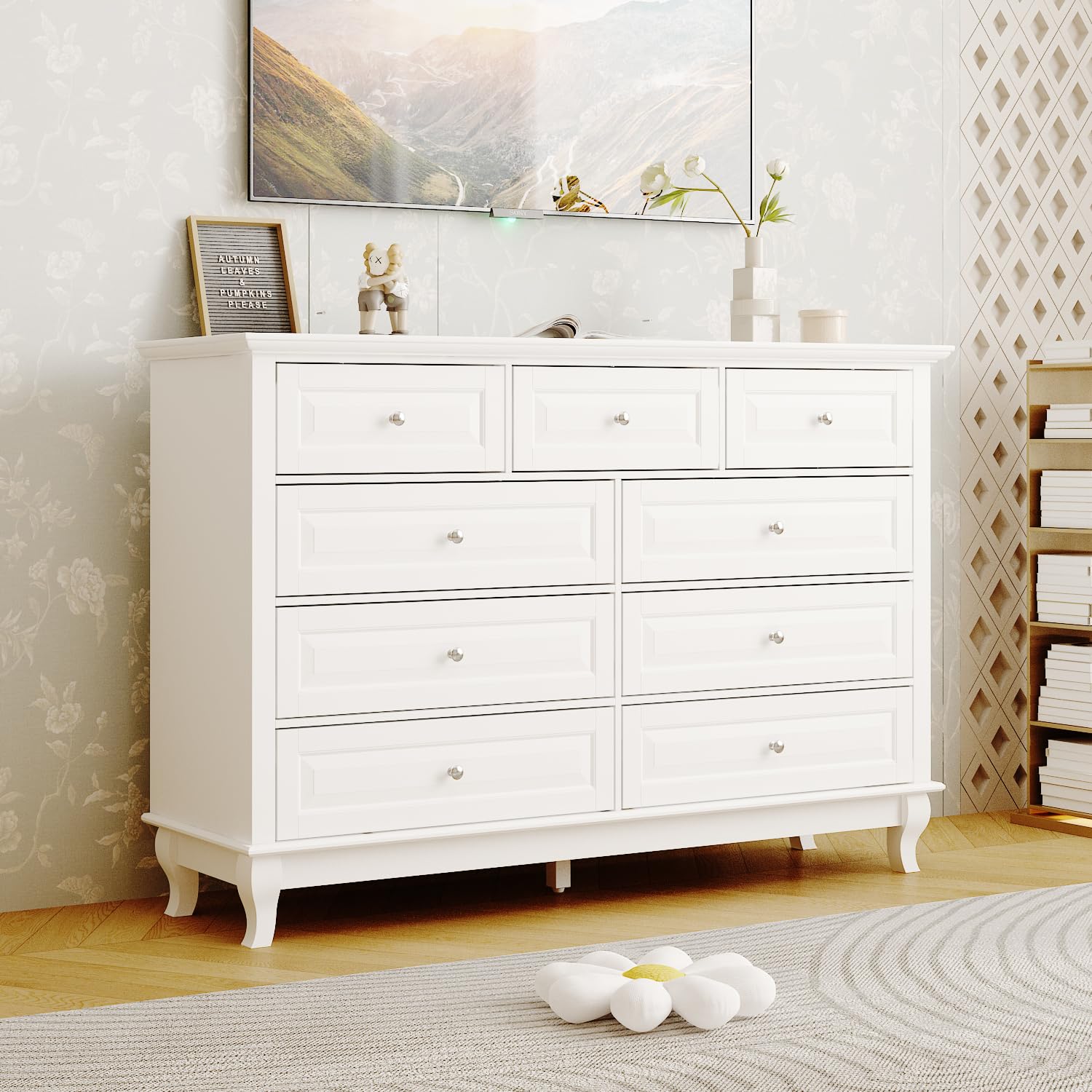 ECACAD Tall 9 Drawer Double Dresser with Carved Drawer Fronts & Solid Legs, 55.1" L White Modern Wood Storage Chest of Drawers for Bedroom, Living - WoodArtSupply