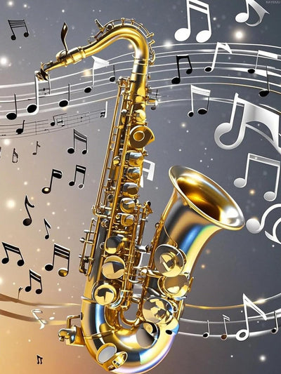 Diamond Painting Saxophone with Music Notes 5D Diamond Art DIY Kits Full Round Drill Beads by Number Mosaic Embroidery Arts and Crafts for Living Room Home Wall Decor 12x16 inch/30x40cm