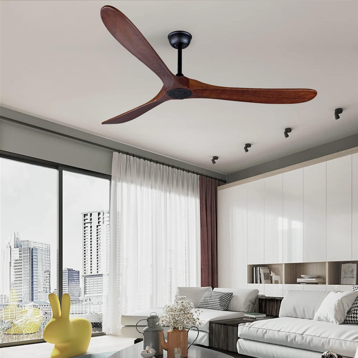Bigzone 70" Ceiling Fan Without Light, 3 Solid Wood Blades, Remote Control, Reversible Wooden Ceiling Fan Bigzone