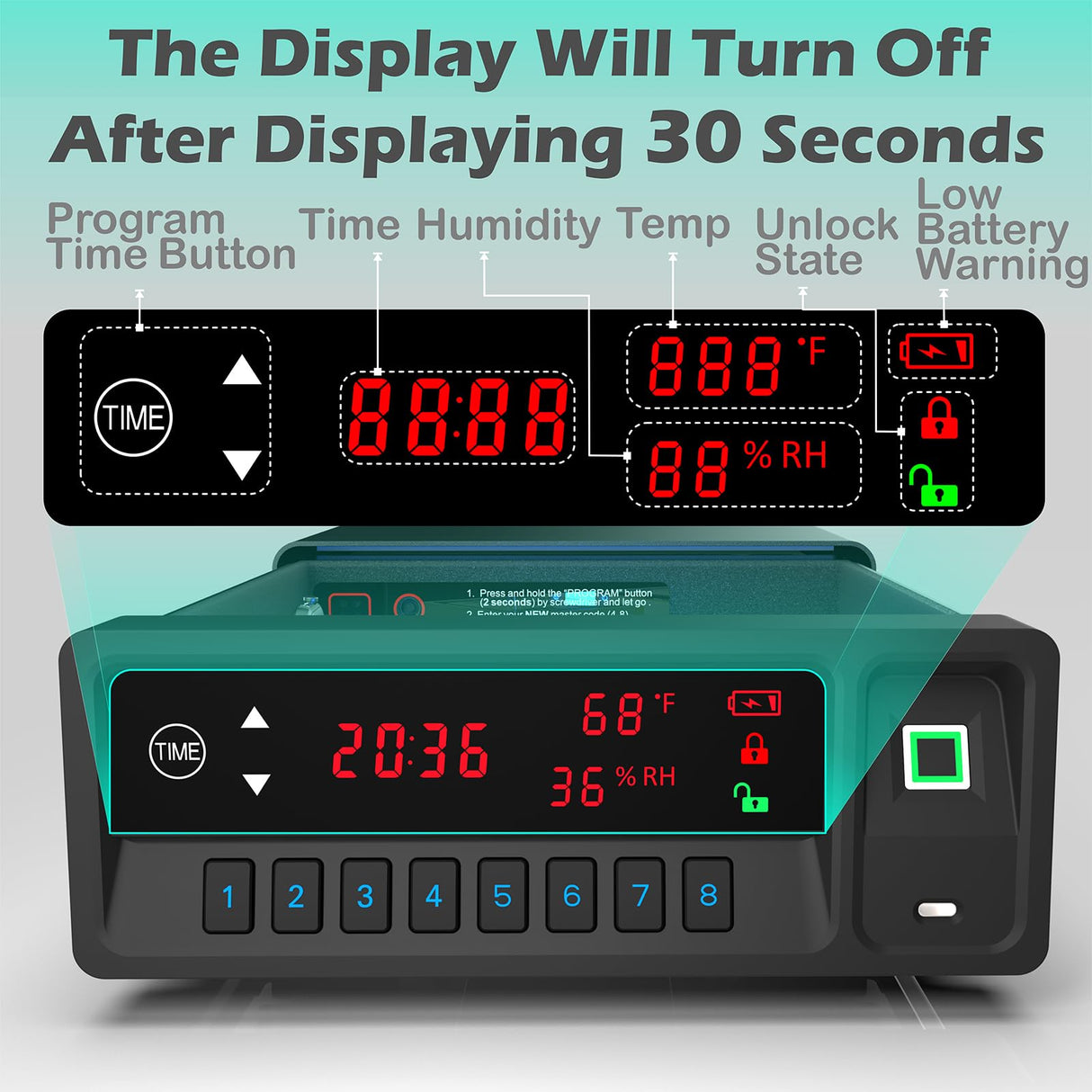 QINGENO Biometric Gun Safe,Clock Smart Safe Display with Temp,Humidity,Low Battery Warning,Drawer Gun Safe for Handgun - Nightstand Handgun Safe Pistol Safe (Black) QINGENO